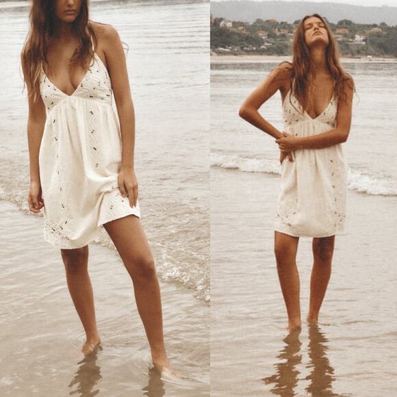 ZARA Mini Dress with Studs Sleeveless V-Neck Braided Straps Ecru White XL NWT - Picture 1 of 10